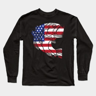 Mens Patriot Fishing Bass US Flag Father's Day Long Sleeve T-Shirt